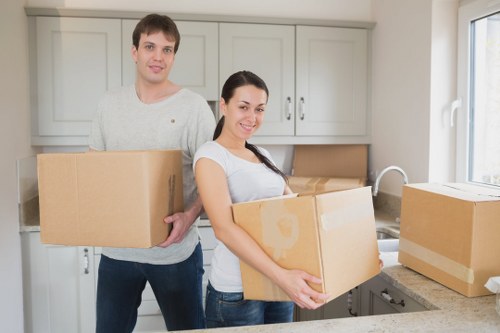 Business stock and office items organised for a move in East London